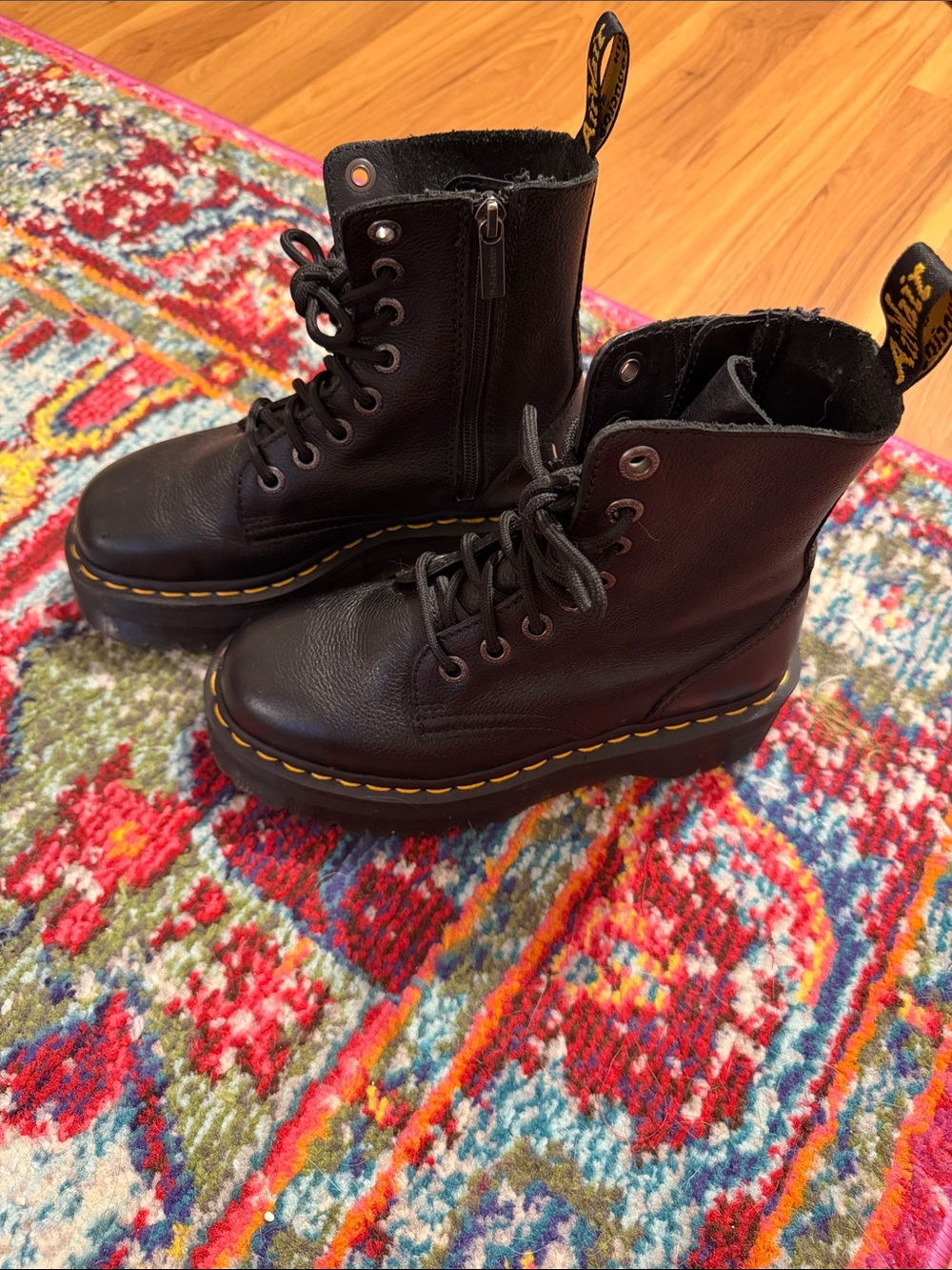 Dr. Martens Black Leather Platform Lace-Up Boots with Yellow Stitching - Picture 3 of 7